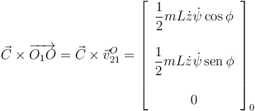 
\vec{C}\times\overrightarrow{O_1O} =
\vec{C}\times\vec{v}^O_{21}
=
\left[
\begin{array}{c}
\dfrac{1}{2}mL\dot{z}\dot{\psi}\cos\phi\\
\\
\dfrac{1}{2}mL\dot{z}\dot{\psi}\,\mathrm{sen}\,\phi\\
\\
0
\end{array}
\right]_0
