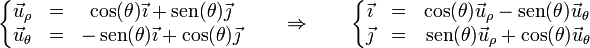\left\{\begin{matrix}\vec{u}_\rho & = & \cos(\theta)\vec{\imath}+\mathrm{sen}(\theta)\vec{\jmath} \\ \vec{u}_\theta & = & -\,\mathrm{sen}(\theta)\vec{\imath}+\cos(\theta)\vec{\jmath}\end{matrix}\right.\qquad\Rightarrow\qquad \left\{\begin{matrix}\vec{\imath} & = & \cos(\theta)\vec{u}_\rho-\mathrm{sen}(\theta)\vec{u}_\theta \\ \vec{\jmath} & = & \,\mathrm{sen}(\theta)\vec{u}_\rho+\cos(\theta)\vec{u}_\theta\end{matrix}\right.