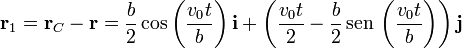 \mathbf{r}_1 = \mathbf{r}_C-\mathbf{r}= \frac{b}{2}\cos\left(\frac{v_0t}{b}\right)\mathbf{i}+\left(\frac{v_0t}{2}-\frac{b}{2}\,\mathrm{sen}\,\left(\frac{v_0t}{b}\right)\right)\mathbf{j}