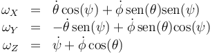 \begin{array}{rcl}
\omega_X & = & \dot{\theta}\cos(\psi)+\dot{\phi}\,\mathrm{sen}(\theta)\mathrm{sen}(\psi) \\
\omega_Y & = & -\dot{\theta}\,\mathrm{sen}(\psi)+\dot{\phi}\,\mathrm{sen}(\theta)\mathrm{cos}(\psi) \\
\omega_Z & = & \dot{\psi}+\dot{\phi}\cos(\theta)
\end{array}