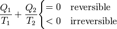 \frac{Q_1}{T_1}+\frac{Q_2}{T_2} \begin{cases} = 0 & \mbox{reversible} \\ < 0 & \mbox{irreversible}\end{cases}