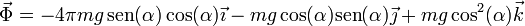 \vec{\Phi} = -4\pi m g\,\mathrm{sen}(\alpha)\cos(\alpha)\vec{\imath}-mg\cos(\alpha)\mathrm{sen}(\alpha)\vec{\jmath}+mg\cos^2(\alpha)\vec{k}