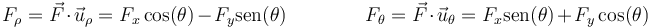 F_\rho=\vec{F}\cdot\vec{u}_\rho=F_x\cos(\theta)-F_y\mathrm{sen}(\theta)\qquad\qquad F_\theta=\vec{F}\cdot\vec{u}_\theta=F_x\mathrm{sen}(\theta)+F_y\cos(\theta)