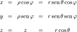 \begin{array}{ccccc}
x & = & \rho\cos\varphi & =& r\,\operatorname{sen}\,\theta\cos\varphi \\&&&&\\
y &=&\rho\,\operatorname{sen}\,\varphi & = &  r\,\operatorname{sen}\,\theta\,\operatorname{sen}\,\varphi\\&&&&\\
z &=& z &=&  r\cos\theta\end{array}