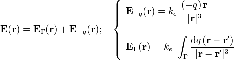 \mathbf{E}(\mathbf{r})=\mathbf{E}_\Gamma(\mathbf{r})+\mathbf{E}_{-q}(\mathbf{r})\mathrm{;}\quad\left\{\begin{array}{l}\displaystyle\mathbf{E}_{-q}(\mathbf{r})=k_e\ \frac{(-q)\!\ \mathbf{r}}{|\mathbf{r}|^3}\\ \\ \displaystyle\mathbf{E}_\Gamma(\mathbf{r})=k_e\ \int_\Gamma\frac{\mathrm{d}q\!\ (\mathbf{r}-\mathbf{r}^\prime)}{|\mathbf{r}-\mathbf{r}^\prime|^3}\end{array}\right.