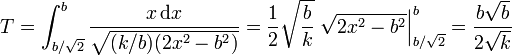 T = \int_{b/\sqrt{2}}^b \frac{x\,\mathrm{d}x}{\sqrt{(k/b)(2x^2-b^2)}} = \frac{1}{2}\sqrt{\frac{b}{k}}\left.\sqrt{2x^2-b^2}\right|_{b/\sqrt{2}}^b =\frac{b\sqrt{b}}{2\sqrt{k}}