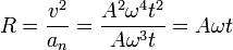 R = \frac{v^2}{a_n}=\frac{A^2\omega^4t^2}{A\omega^3t}=A\omega t