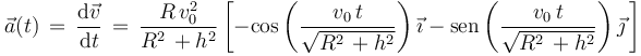 
\vec{a}(t)\,=\,\frac{\mathrm{d}\vec{v}}{\mathrm{d}t}\,=\,\frac{R\, v_0^2}{R^2\,+h^2}\left[-\mathrm{cos}\left(\frac{v_0\,t}{\sqrt{R^2\,+h^2}}\right)\vec{\imath}-\mathrm{sen}\left(\frac{v_0\,t}{\sqrt{R^2\,+h^2}}\right)\vec{\jmath}\,\right]
