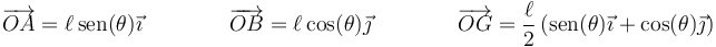 \overrightarrow{OA}=\ell{}\,\mathrm{sen}(\theta)\vec{\imath}\qquad\qquad \overrightarrow{OB}=\ell{}\cos(\theta)\vec{\jmath}\qquad\qquad\overrightarrow{OG}=\frac{\ell{}}{2}\left(\mathrm{sen}(\theta)\vec{\imath}+\cos(\theta)\vec{\jmath}\right)