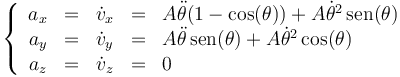 \left\{\begin{array}{rcccl}
a_x & = & \dot{v}_x & = & A\ddot{\theta}(1-\cos(\theta))+A\dot{\theta}^2\,\mathrm{sen}(\theta) \\
a_y & = & \dot{v}_y & = & A\ddot{\theta}\,\mathrm{sen}(\theta)+A\dot{\theta}^2\cos(\theta)\\
a_z & = & \dot{v}_z & = & 0\end{array}\right.