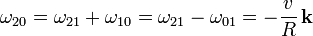 
\mathbf{\omega}_{20} = \mathbf{\omega}_{21} + \mathbf{\omega}_{10} = \mathbf{\omega}_{21} - \mathbf{\omega}_{01} = -\frac{v}{R}\,\mathbf{k}
