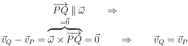 \begin{array}{c}\overrightarrow{PQ}\parallel\vec{\omega}\qquad\Rightarrow\qquad \\ \vec{v}_Q-\vec{v}_P=\overbrace{\vec{\omega}\times\overrightarrow{PQ}}^{=\vec{0}}=\vec{0} \qquad\Rightarrow\qquad  \vec{v}_Q=\vec{v}_P\end{array}