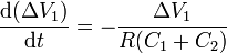 \frac{\mathrm{d}(\Delta V_1)}{\mathrm{d}t} = -\frac{\Delta V_1}{R(C_1+C_2)}