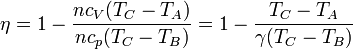 \eta = 1 - \frac{nc_V(T_C-T_A)}{nc_p(T_C-T_B)}=1-\frac{T_C-T_A}{\gamma(T_C-T_B)}