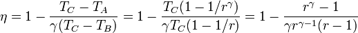 \eta = 1-\frac{T_C-T_A}{\gamma(T_C-T_B)} = 1 - \frac{T_C(1-1/r^\gamma)}{\gamma T_C(1-1/r)}=1-\frac{r^\gamma-1}{\gamma r^{\gamma-1}(r-1)}