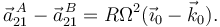 
\vec{a}^{\,A}_{21} - \vec{a}^{\,B}_{21} = R\Omega^2(\vec{\imath}_0 - \vec{k}_0).
