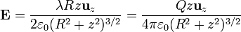 \mathbf{E}=\frac{\lambda R z \mathbf{u}_{z}}{2\varepsilon_0 (R^2+z^2)^{3/2}}=
\frac{Qz\mathbf{u}_{z}}{4\pi\varepsilon_0 (R^2+z^2)^{3/2}}
