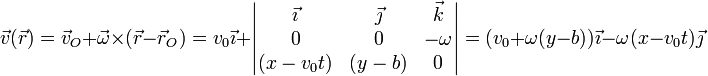 \vec{v}(\vec{r})=\vec{v}_O+\vec{\omega}\times(\vec{r}-\vec{r}_O)=v_0\vec{\imath}+\left|\begin{matrix}\vec{\imath} & \vec{\jmath} & \vec{k} \\ 0 & 0 & -\omega \\ (x-v_0t) & (y-b) & 0\end{matrix}\right|=(v_0+\omega(y-b))\vec{\imath} - \omega(x-v_0t)\vec{\jmath}