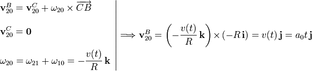 
\left.
\begin{array}{l}
\mathbf{v}^B_{20} = \mathbf{v}^C_{20}+\mathbf{\omega}_{20}\times\overrightarrow{CB}\\ \\
\displaystyle \mathbf{v}^C_{20}= \mathbf{0}\\ \\
\displaystyle \mathbf{\omega}_{20}=\mathbf{\omega}_{21}+\mathbf{\omega}_{10}=-\frac{v(t)}{R}\,\mathbf{k} 
\end{array}
\right|\Longrightarrow
\mathbf{v}^B_{20} = \left(-\frac{v(t)}{R}\,\mathbf{k}\right)\times(-R\,\mathbf{i})=v(t)\,\mathbf{j}=a_0t\,\mathbf{j}
