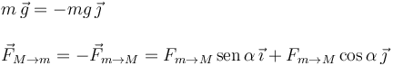 
\begin{array}{l}
m\,\vec{g} = -mg\,\vec{\jmath}
\\ \\
\vec{F}_{M\to m} = -\vec{F}_{m\to M}= F_{m\to M}\,\mathrm{sen}\,\alpha\,\vec{\imath} + F_{m\to M}\cos\alpha\,\vec{\jmath}
\end{array}
