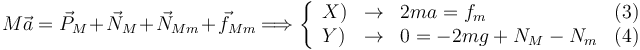 
M\vec{a} = \vec{P}_M + \vec{N}_M + \vec{N}_{Mm} + \vec{f}_{Mm}
\Longrightarrow
\left\{
\begin{array}{lclr}
X) & \to & 2ma = f_m & (3)\\
Y) & \to & 0 = -2mg  + N_M - N_m & (4)
\end{array}
\right.
