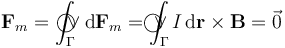 \mathbf{F}_m=\int_{\Gamma}\!\!\!\!\!\!\!\bigcirc\!\!\!\!\vee 
\mathrm{d}\mathbf{F}_m=\int_{\Gamma}\!\!\!\!\!\!\!\!\!\bigcirc\!\!\!\!\vee I\,\mathrm{d}\mathbf{r}\times\mathbf{B}=\vec{0}