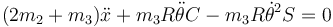 (2m_2+m_3)\ddot{x}+m_3R\ddot{\theta}C-m_3R\dot{\theta}^2S=0