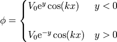 \phi = \begin{cases}V_0 \mathrm{e}^y\cos(kx) & y < 0 \\ & \\ V_0 \mathrm{e}^{-y}\cos(kx) & y > 0 \end{cases}