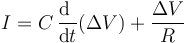 I=C\,\frac{\mathrm{d}\ }{\mathrm{d}t}(\Delta V)+\frac{\Delta V}{R}