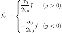 \vec{E}_1=\begin{cases}\dfrac{\sigma_0}{2\varepsilon_0}\vec{\jmath} & (y>0) \\ & \\  -\dfrac{\sigma_0}{2\varepsilon_0}\vec{\jmath} & (y<0) \end{cases}