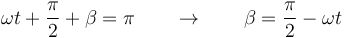 \omega t + \frac{\pi}{2}+\beta = \pi\qquad \rightarrow\qquad \beta = \frac{\pi}{2}-\omega t