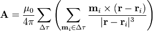 \mathbf{A}=\frac{\mu_0}{4\pi}\sum_{\Delta\tau}\left(\sum_{\mathbf{m}_i\in\Delta\tau}\frac{\mathbf{m}_i\times(\mathbf{r}-\mathbf{r}_i)}{|\mathbf{r}-\mathbf{r}_i|^3}\right)