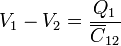 V_1 - V_2 =\frac{Q_1}{\overline{C}_{12}}