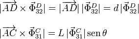 
  \begin{array}{l}
    |\overrightarrow{AD}\times\vec{\Phi}^D_{32}| =
    |\overrightarrow{AD}|\,|\vec{\Phi}^D_{32}| =d\,|\vec{\Phi}^D_{32}| \\ \\
    |\overrightarrow{AC}\times\vec{\Phi}^C_{31}|=
    L\,|\vec{\Phi}^C_{31}| \,\mathrm{sen}\,\theta
  \end{array}
