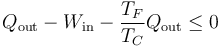 Q_\mathrm{out}-W_\mathrm{in}-\frac{T_F}{T_C}Q_\mathrm{out}\leq 0