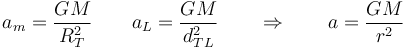 a_m = \frac{GM}{R_T^2}\qquad a_L=\frac{GM}{d_{TL}^2}\qquad\Rightarrow\qquad a = \frac{GM}{r^2}