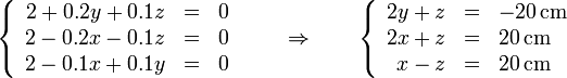 \left\{\begin{array}{rcl} 2+0.2y+0.1z & = & 0 \\ 2-0.2x-0.1z & = & 0 \\ 2-0.1x+0.1y & = & 0\end{array}\right.\qquad\Rightarrow\qquad \left\{\begin{array}{rcl} 2y+z & = & -20\,\mathrm{cm} \\ 2x+z & = & 20\,\mathrm{cm} \\ x-z & = & 20\,\mathrm{cm}  \end{array}\right.