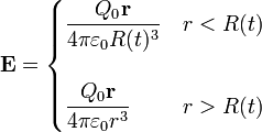 \mathbf{E} = \begin{cases}\displaystyle\frac{Q_0\mathbf{r}}{4\pi\varepsilon_0 R(t)^3} & r<R(t) \\ & \\\displaystyle \frac{Q_0\mathbf{r}}{4\pi\varepsilon_0 r^3} & r>R(t)\end{cases}