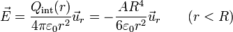 \vec{E}=\frac{Q_\mathrm{int}(r)}{4\pi\varepsilon_0 r^2}\vec{u}_r = -\frac{A R^4}{6\varepsilon_0 r^2}\vec{u}_r\qquad (r < R)