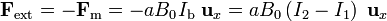 \mathbf{F}_\mathrm{ext}=-\mathbf{F}_\mathrm{m}=-aB_0I_\mathrm{b}\ \mathbf{u}_x=aB_0\left(I_2-I_1\right)\ \mathbf{u}_x