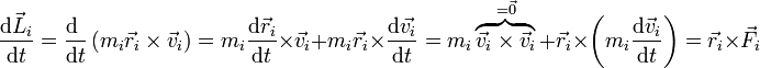 \frac{\mathrm{d}\vec{L}_i}{\mathrm{d}t}=\frac{\mathrm{d}\ }{\mathrm{d}t}\left(m_i\vec{r}_i\times\vec{v}_i\right) = m_i\frac{\mathrm{d}\vec{r}_i}{\mathrm{d}t}\times\vec{v}_i + m_i\vec{r}_i\times\frac{\mathrm{d}\vec{v_i}}{\mathrm{d}t} = m_i\overbrace{\vec{v}_i\times\vec{v}_i}^{=\vec{0}} + \vec{r}_i\times\left(m_i\frac{\mathrm{d}\vec{v}_i}{\mathrm{d}t}\right) = \vec{r}_i\times\vec{F}_i