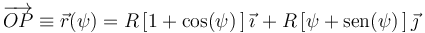 
\overrightarrow{OP}\equiv\vec{r}(\psi)=R\,[1+\mathrm{cos}(\psi)\,]\,\vec{\imath}\,+R\,[\psi+\mathrm{sen}(\psi)\,]\,\vec{\jmath}