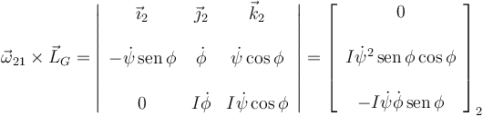 
\vec{\omega}_{21}\times\vec{L}_G
=
\left|
\begin{array}{ccc}
\vec{\imath}_2 & \vec{\jmath}_2 & \vec{k}_2\\
&&\\
-\dot{\psi}\,\mathrm{sen}\,\phi & \dot{\phi} & \dot{\psi}\cos\phi\\
&&\\
0 & I\dot{\phi} & I\dot{\psi}\cos\phi
\end{array}
\right|
=
\left[
\begin{array}{c}
0 \\
\\
I\dot{\psi}^2\,\mathrm{sen}\,\phi\cos\phi\\
\\
-I\dot{\psi}\dot{\phi}\,\mathrm{sen}\,\phi
\end{array}
\right]_2
