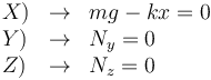 
\begin{array}{lcl}
X) & \to & mg -kx = 0\\
Y) & \to & N_y = 0\\
Z) & \to & N_z = 0
\end{array}
