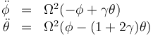 \begin{array}{rcl}
\ddot{\phi}&=&\Omega^2 (-\phi+\gamma\theta)\\
\ddot{\theta}&=&\Omega^2(\phi-(1+2\gamma)\theta)
\end{array}