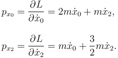 
\begin{array}{l}
p_{x_0} = \dfrac{\partial L}{\partial \dot{x}_0} = 2m\dot{x}_0 + m\dot{x}_2,
\\
\\
p_{x_2} = \dfrac{\partial L}{\partial \dot{x}_2} = m\dot{x}_0 + \dfrac{3}{2}m\dot{x}_2.
\end{array}
