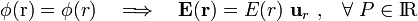 \phi(\mathrm{r})=\phi(r)\quad \Longrightarrow\quad \mathbf{E}(\mathbf{r})=E(r)\ \mathbf{u}_r\ \mathrm{,}\quad\forall\ P\in \mathrm{I}\!\mathrm{R}