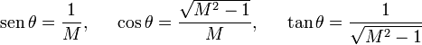 
\begin{array}{lcccr}
\displaystyle\mathrm{sen}\,\theta=\frac{1}{M},&&
\displaystyle\cos\theta=\frac{\sqrt{M^2-1}}{M},&&
\displaystyle\tan\theta=\frac{1}{\sqrt{M^2-1}}
\end{array}
