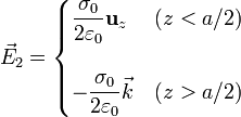 \vec{E}_2=\begin{cases}\displaystyle\frac{\sigma_0}{2\varepsilon_0}\mathbf{u}_{z} &
(z<a/2)\\ & \\ \displaystyle-\frac{\sigma_0}{2\varepsilon_0}\vec{k} & (z>a/2)\end{cases}