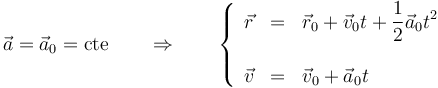 \vec{a}=\vec{a}_0=\mathrm{cte}\qquad\Rightarrow\qquad \left\{\begin{array}{rcl}\vec{r}& = & \displaystyle \vec{r}_0+\vec{v}_0t+\frac{1}{2}\vec{a}_0t^2 \\ && \\ \vec{v}& = & \vec{v}_0+\vec{a}_0t\end{array}\right.